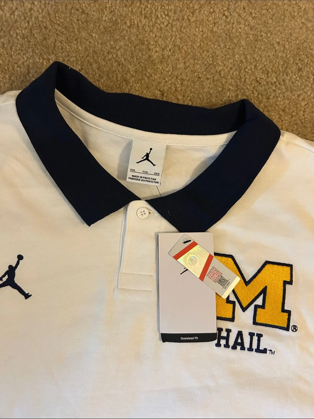 Michigan Jordan Men’s White Polo with Navy Collar